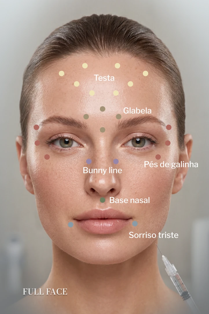 Regiões de aplicação do Botox: testa, glabela, pés de galinha, bunny line, base nasal e sorriso triste
